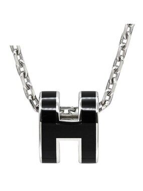 Hermes Necklace Pop H Mini Pendant Metal Lacquer Black Silver H Motif